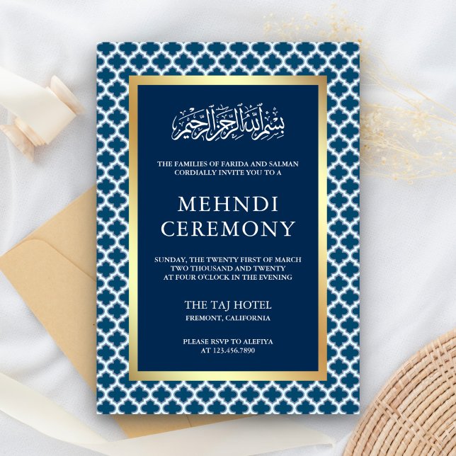 Blue Moroccan Quatrefoil Islamic  Mehndi Ceremony Enclosure Card (Creator Uploaded)