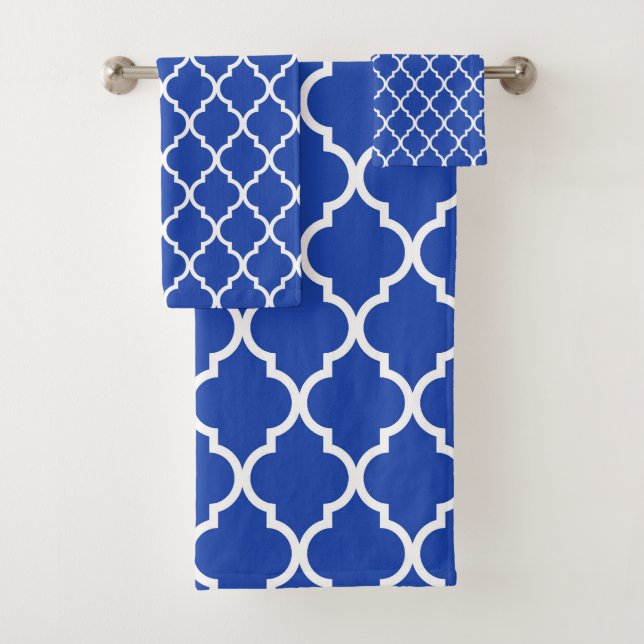 Blue Moroccan Quatrefoil Lattice Pattern Bath Towel Set (Insitu)