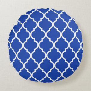 Blue Moroccan Quatrefoil Lattice Pattern Round Pillow