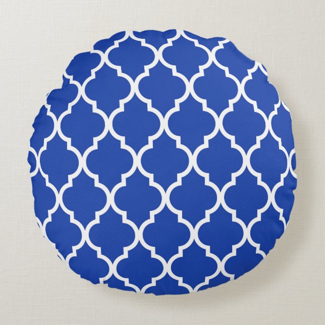 Blue Moroccan Quatrefoil Lattice Pattern Round Pillow (Front)