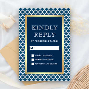 Blue Moroccan Quatrefoil Pattern Wedding RSVP Card