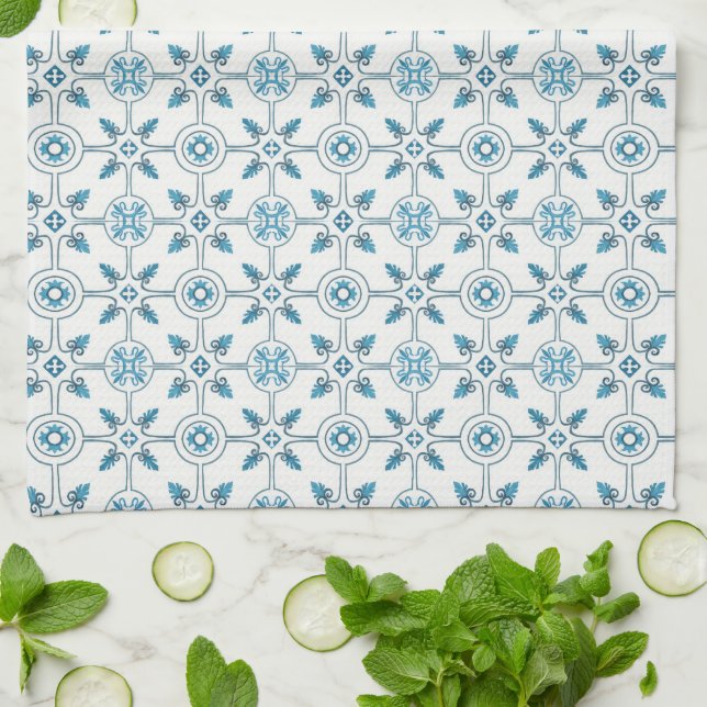 Blue Moroccan Tile Pattern  Kitchen Towel (Folded)