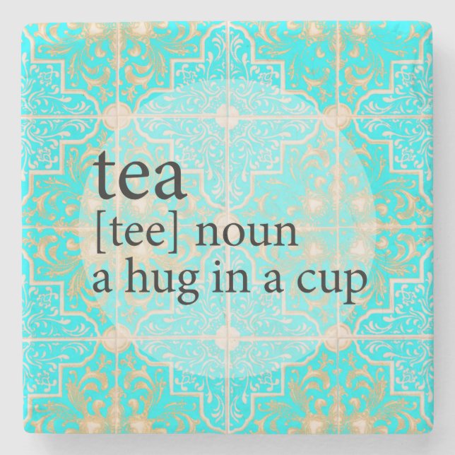 Blue Moroccan Tile Tea Time Hug in a Cup Stone Coaster (Front)