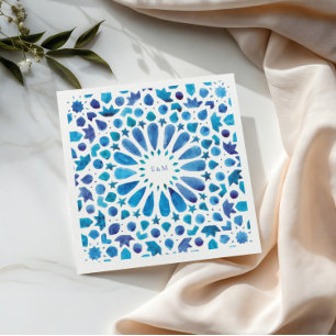 Blue Moroccan Tiles Initials Wedding Logo Napkin