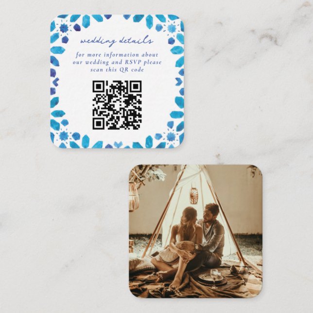 Blue Moroccan Tiles QR Code Wedding Enclosure Card (Front/Back)
