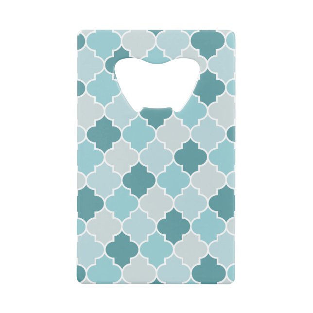 Blue Moroccan Trellis, Latticework, Quatrefoil Credit Card Bottle Opener (Front)