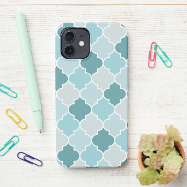 Blue Moroccan Trellis, Latticework, Quatrefoil iPhone Case (On Desk)