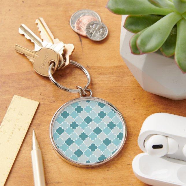 Blue Moroccan Trellis, Latticework, Quatrefoil Keychain (Desk)