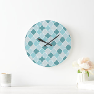 Blue Moroccan Trellis, Latticework, Quatrefoil Large Clock