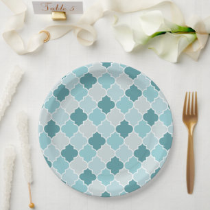 Blue Moroccan Trellis, Latticework, Quatrefoil Paper Plate