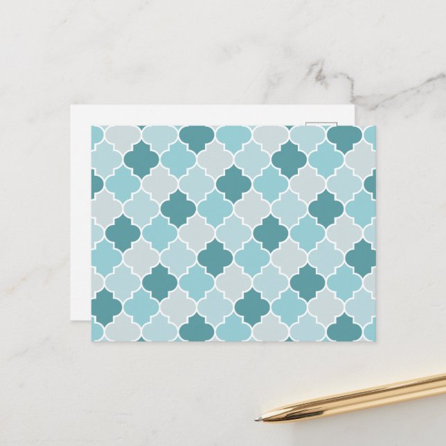 Blue Moroccan Trellis, Latticework, Quatrefoil Postcard (Front/Back In Situ)