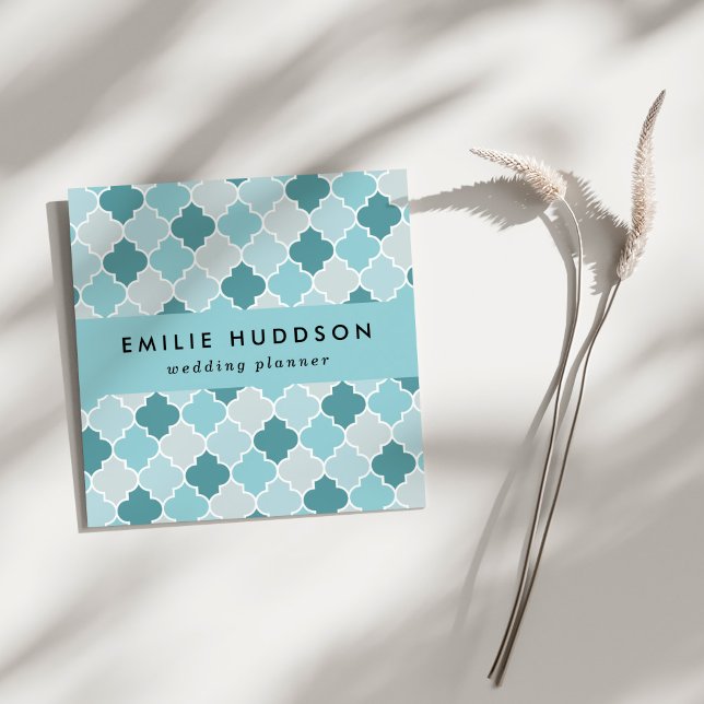 Blue Moroccan Trellis, Latticework, Quatrefoil Square Business Card (Creator Uploaded)