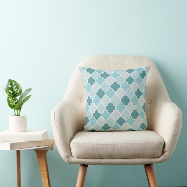 Blue Moroccan Trellis, Latticework, Quatrefoil Throw Pillow (Chair)