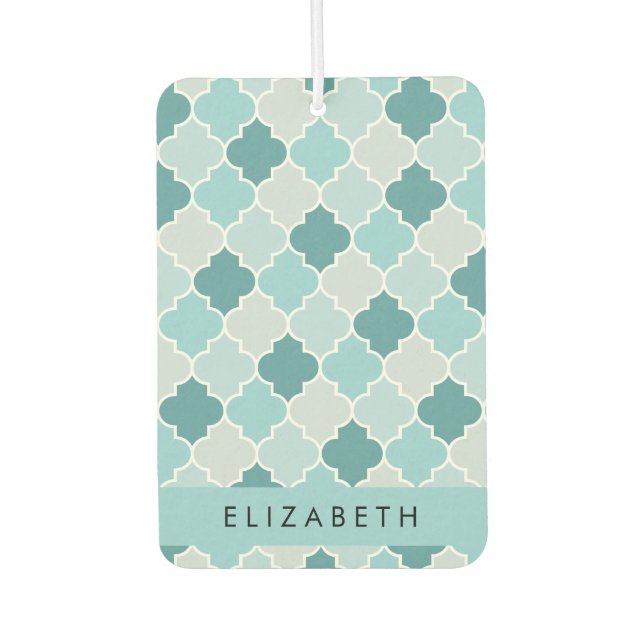 Blue Moroccan Trellis, Quatrefoil, Your Name Air Freshener (Front)