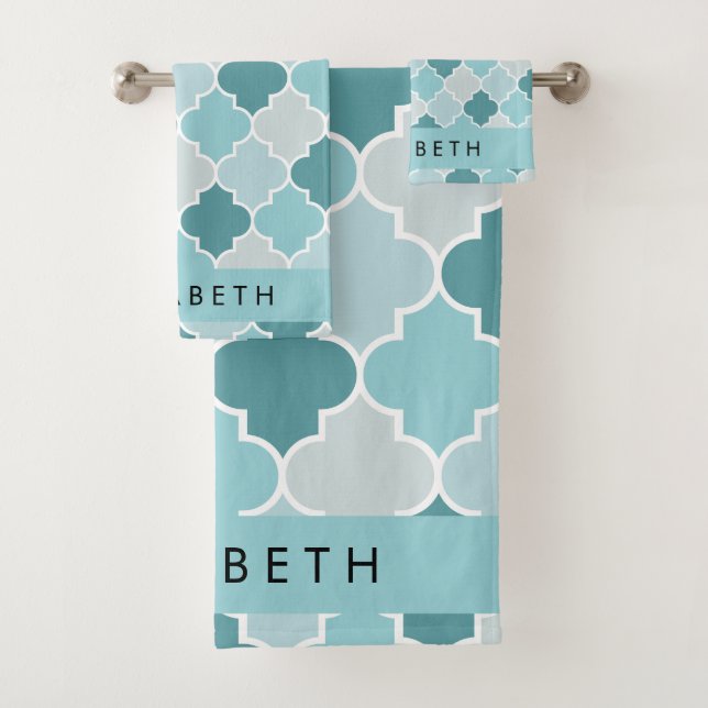 Blue Moroccan Trellis, Quatrefoil, Your Name Bath Towel Set (Insitu)