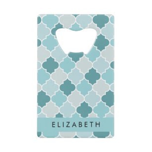 Blue Moroccan Trellis, Quatrefoil, Your Name Credit Card Bottle Opener