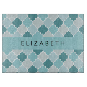 Blue Moroccan Trellis, Quatrefoil, Your Name Cutting Board