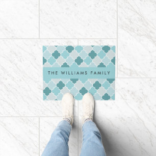 Blue Moroccan Trellis, Quatrefoil, Your Name Doormat
