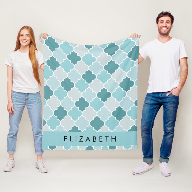 Blue Moroccan Trellis, Quatrefoil, Your Name Fleece Blanket (In Situ)