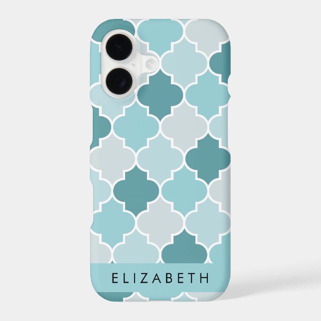 Blue Moroccan Trellis, Quatrefoil, Your Name iPhone Case (Back)