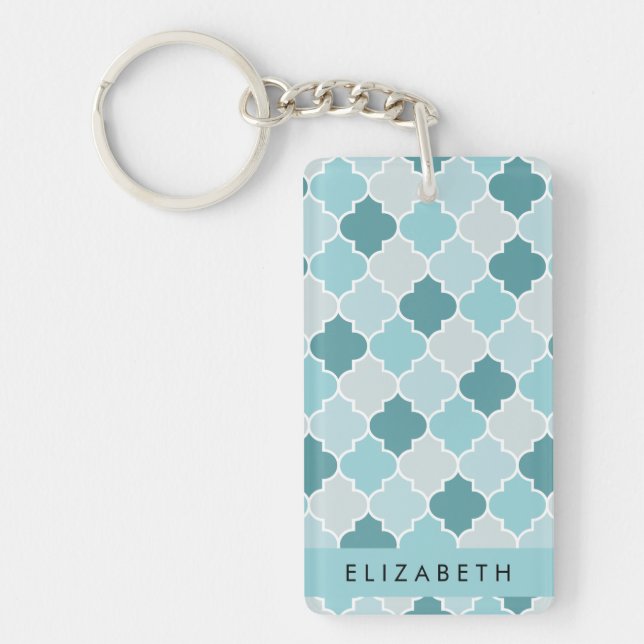 Blue Moroccan Trellis, Quatrefoil, Your Name Keychain (Front)