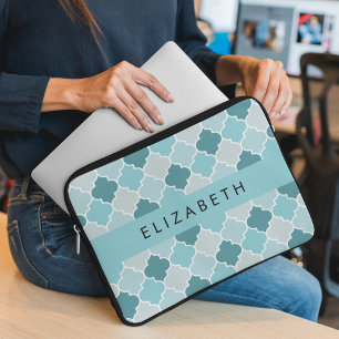Blue Moroccan Trellis, Quatrefoil, Your Name Laptop Sleeve