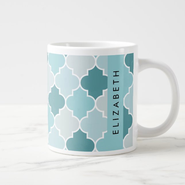 Blue Moroccan Trellis, Quatrefoil, Your Name Large Coffee Mug (Right)