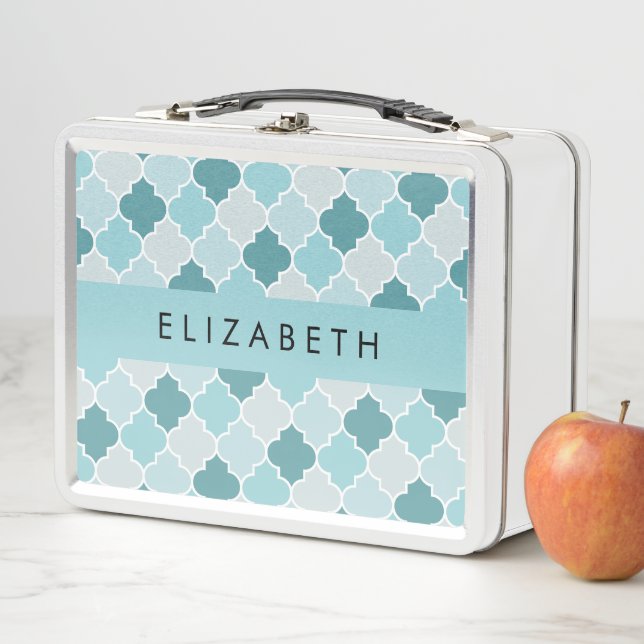 Blue Moroccan Trellis, Quatrefoil, Your Name Metal Lunch Box (In Situ)