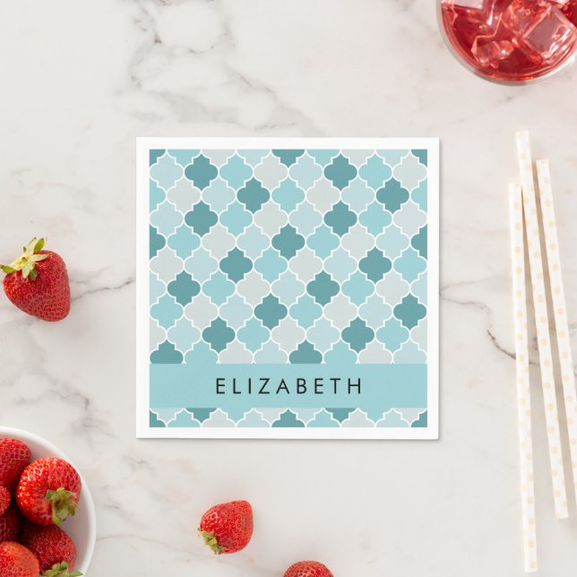 Blue Moroccan Trellis, Quatrefoil, Your Name Napkin (Insitu)