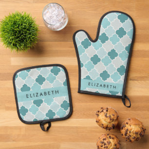 Blue Moroccan Trellis, Quatrefoil, Your Name Oven Mitt & Pot Holder Set