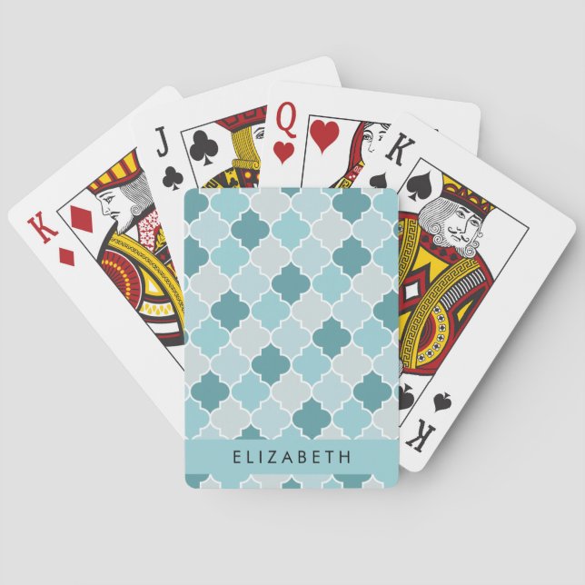Blue Moroccan Trellis, Quatrefoil, Your Name Playing Cards (Back)