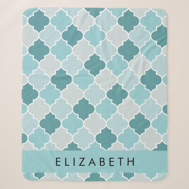 Blue Moroccan Trellis, Quatrefoil, Your Name Sherpa Blanket (Front)