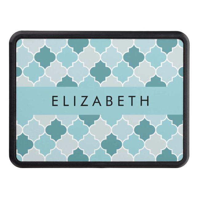 Blue Moroccan Trellis, Quatrefoil, Your Name Trailer Hitch Cover (Front)