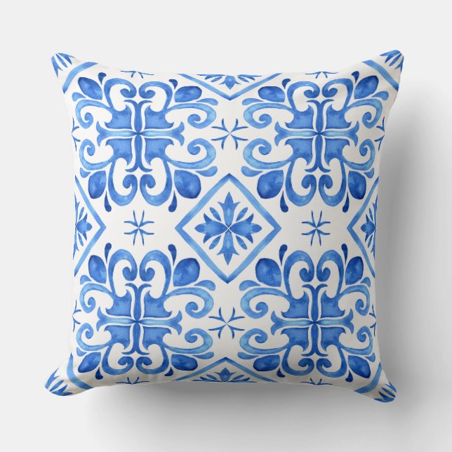 Blue Moroccan Zellige Pattern Throw Pillow (Front)