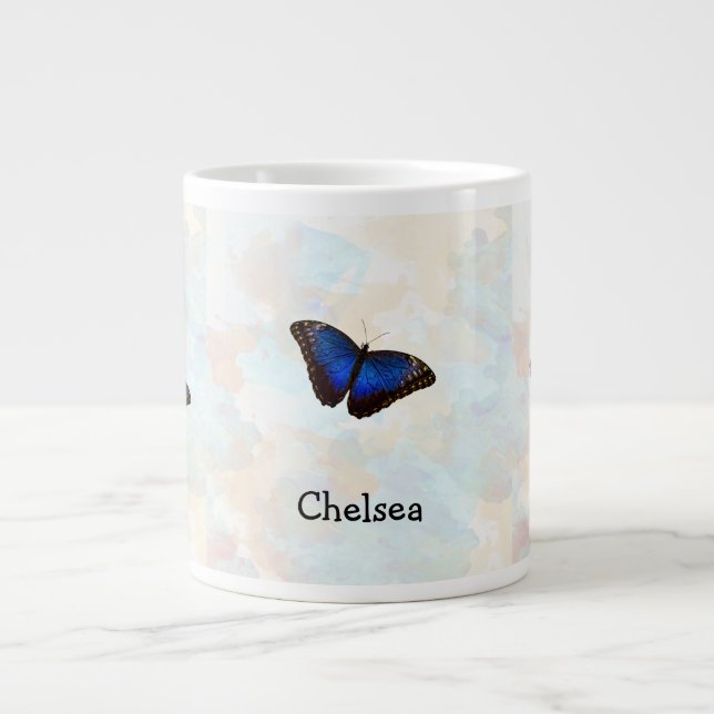Blue Morpho Butterflies on Pastel Customized Large Coffee Mug (Front)