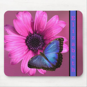 Blue Morpho Butterfly and Daisy Mouse Pad