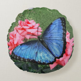 Blue Morpho Butterfly Floral Nature Art Round Pillow