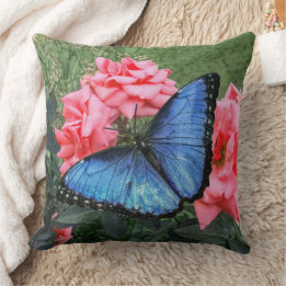Blue Morpho Butterfly Floral Nature Art Throw Pillow