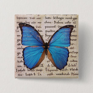 Blue Morpho Butterfly on Book Page 2 Inch Square Button