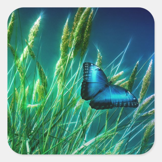 Blue Morpho Butterfly on Green Grass Square Sticker (Front)