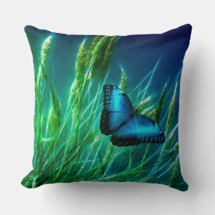 Blue Morpho Butterfly on Green Grass Throw Pillow
