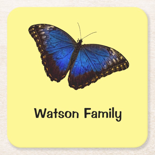 Blue Morpho Butterfly personalized Square Paper Coaster (Front)
