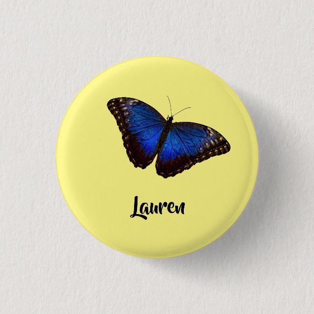 Blue Morpho Butterfly Personalized with Name 1 Inch Round Button (Front)