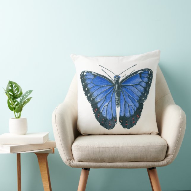 Blue Morpho butterfly watercolor painting Throw Pillow (Chair)