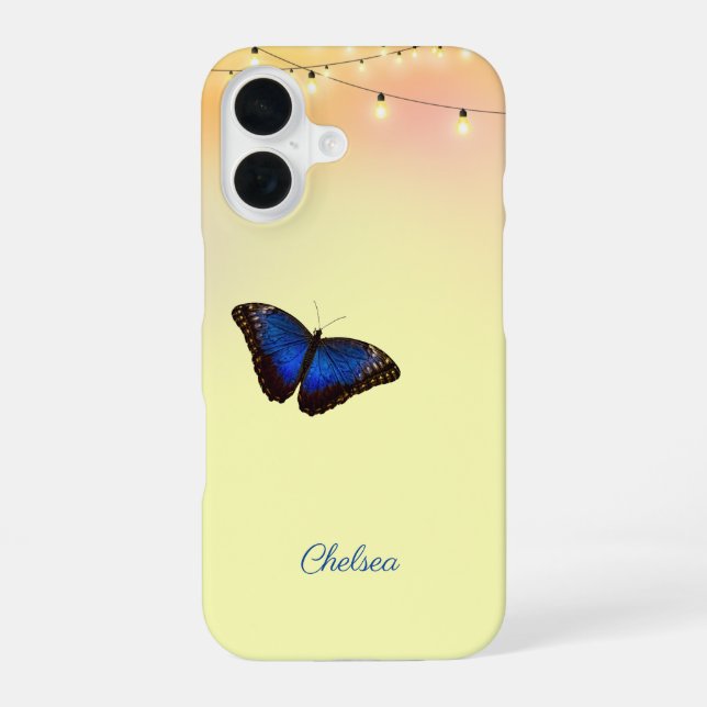 Blue Morpho Butterfly Wings Cafe Lights Custom iPhone 16 Case (Back)