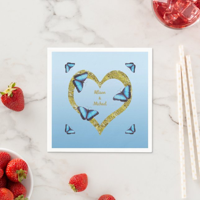 Blue morpho butterfly with golden heart   napkin (Insitu)