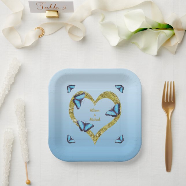 Blue morpho butterfly with golden heart   paper plate (Wedding)