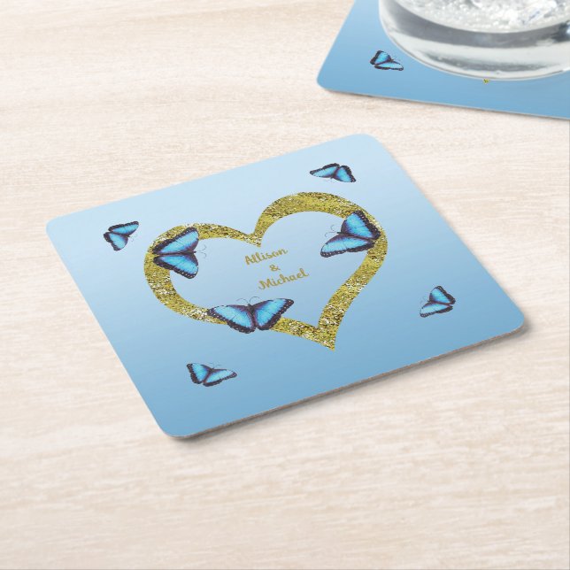 Blue morpho butterfly with golden heart   square paper coaster (Angled)