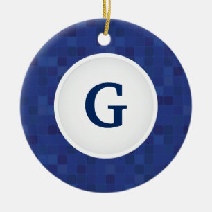 Blue mosaic pixel pattern personalized monogram  ceramic ornament