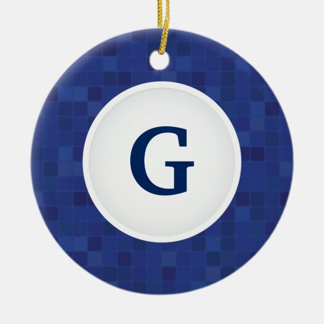 Blue mosaic pixel pattern personalized monogram  ceramic ornament (Front)